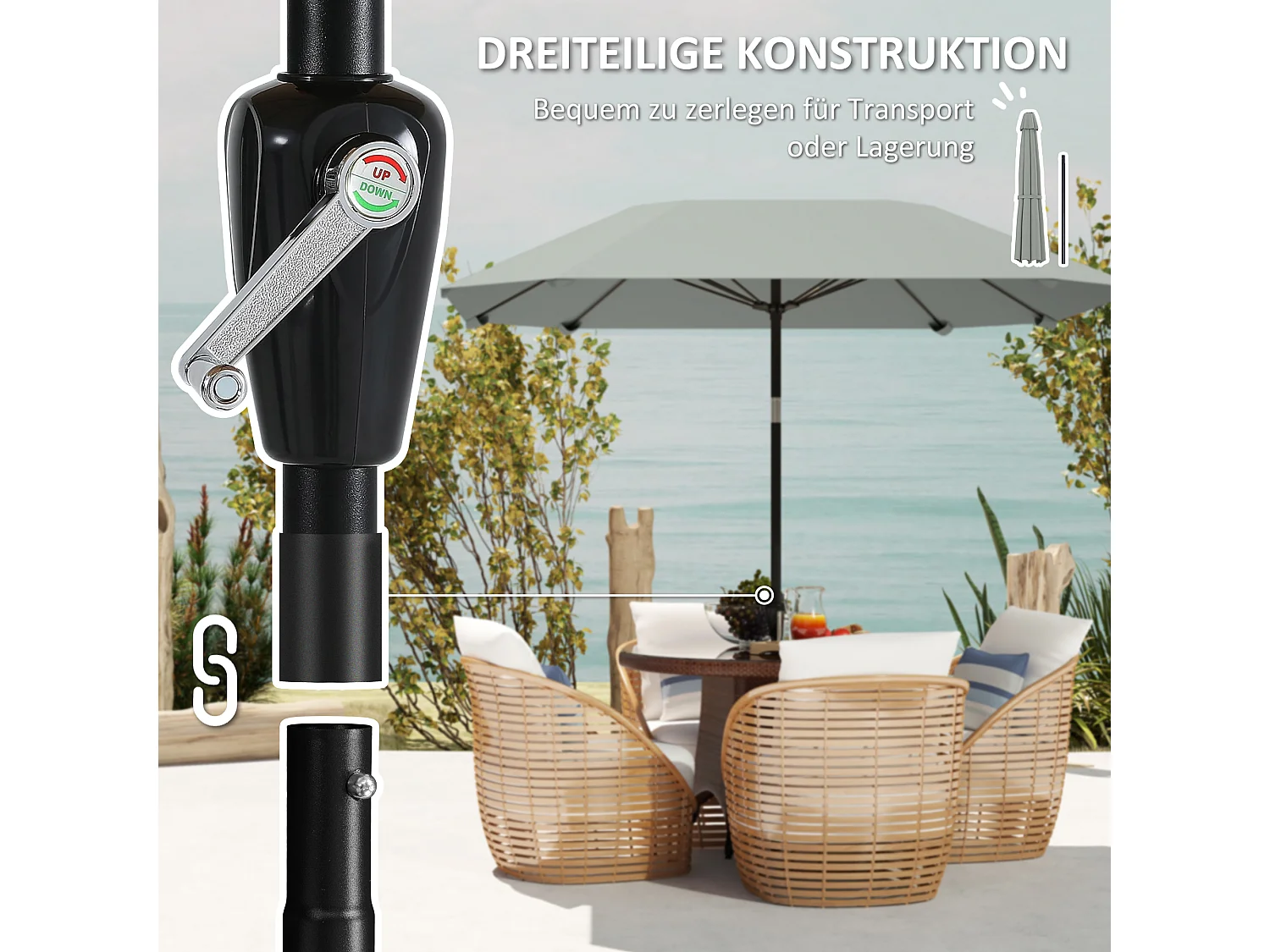 Achthoekige parasol met kantelfunctie, aluminium structuur, polyester doek, donkergrijs, robuust en geventileerd (233x233x240cm)