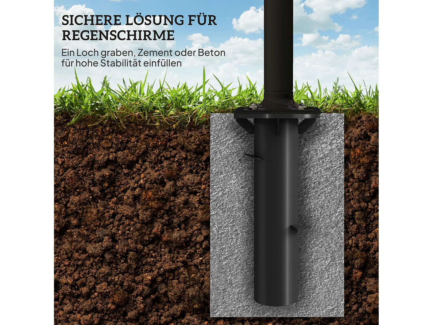 Vierkante betonnen parasolvoet met verstelbare bevestiging, metaal, donkergrijs (16,5x16,5x40cm)