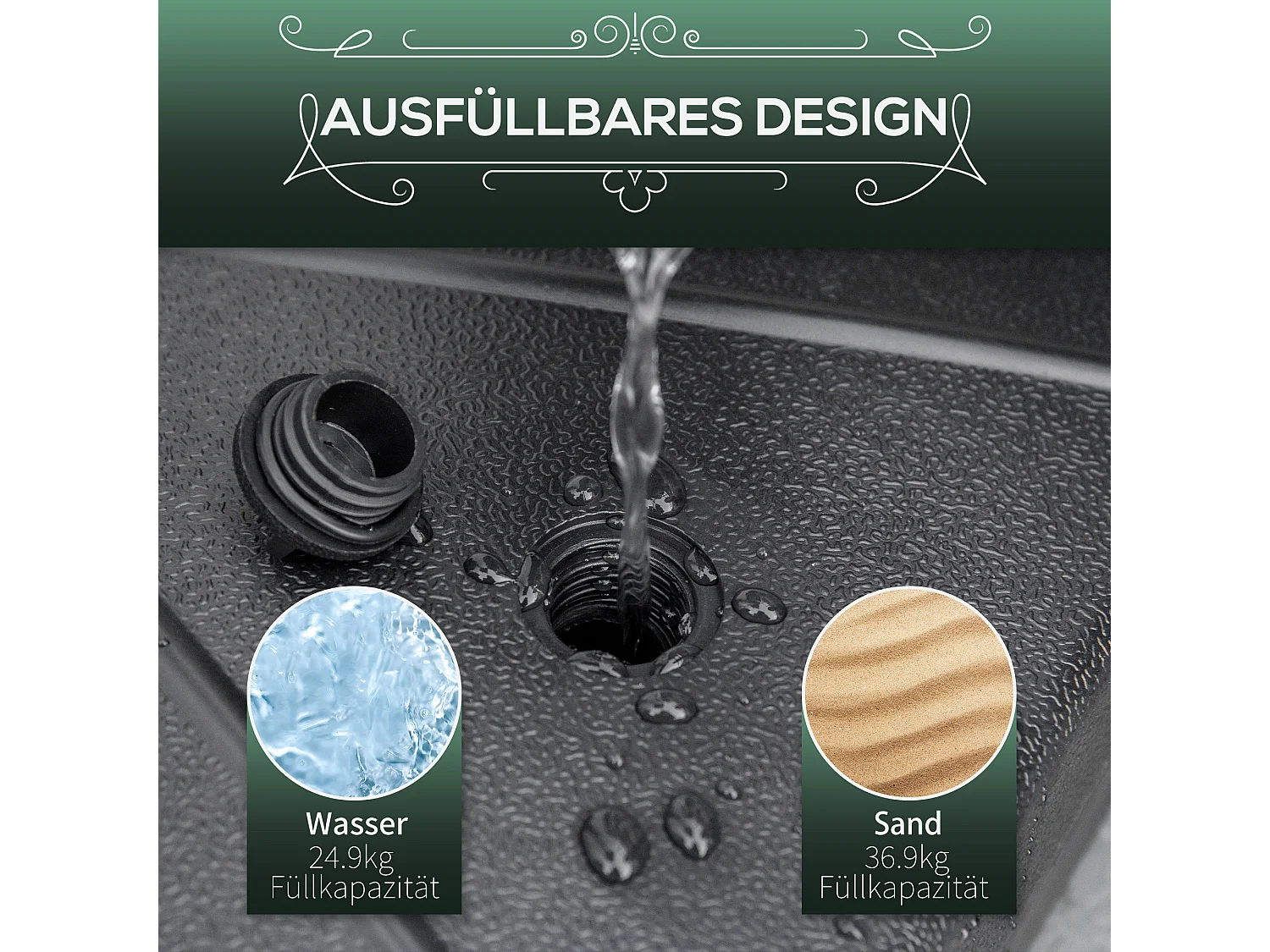 Base stabile per ombrellone, riempibile con acqua o sabbia, HDPE nero, Ø60x36cm