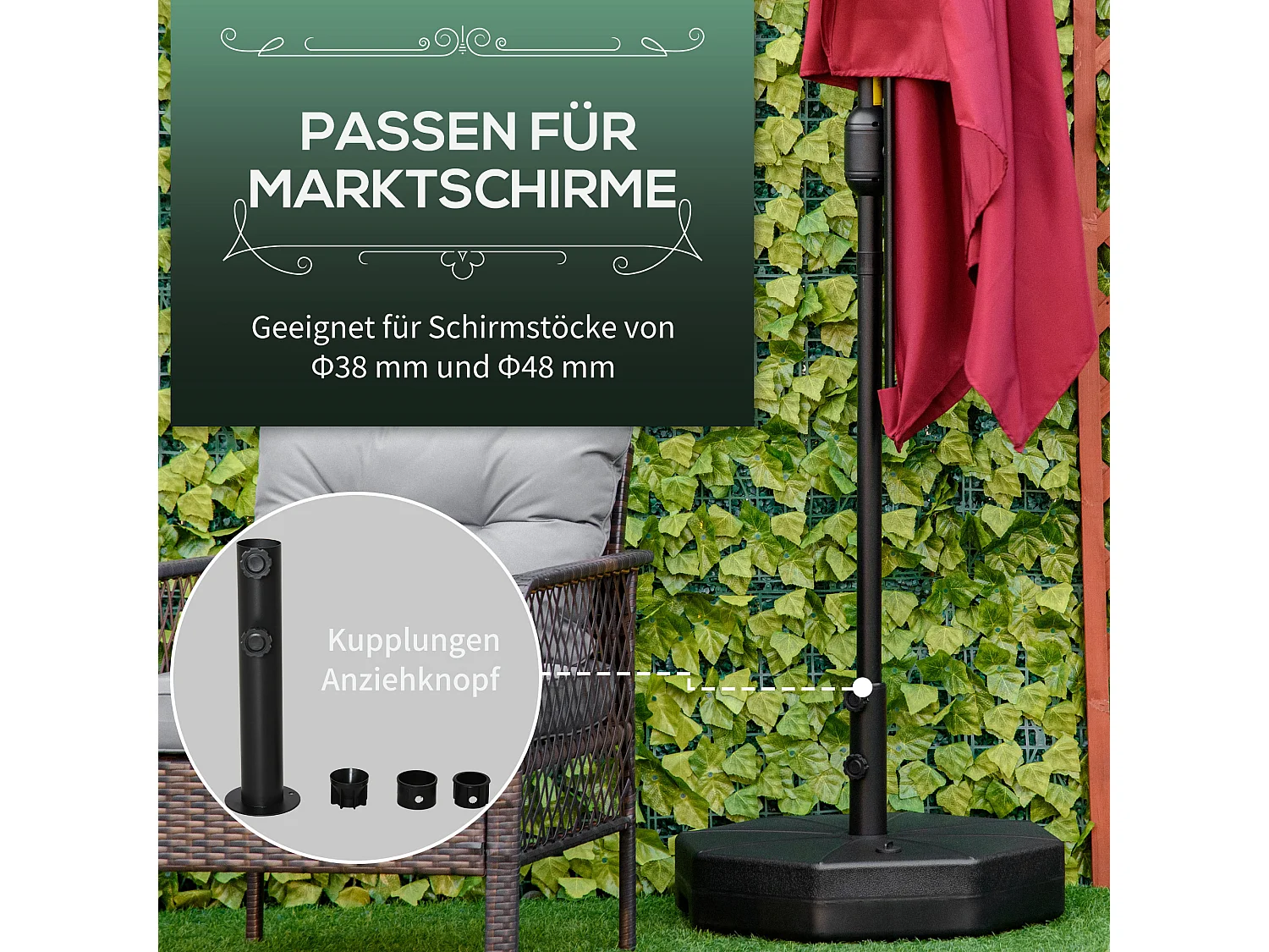 Base stabile per ombrellone, riempibile con acqua o sabbia, HDPE nero, Ø60x36cm