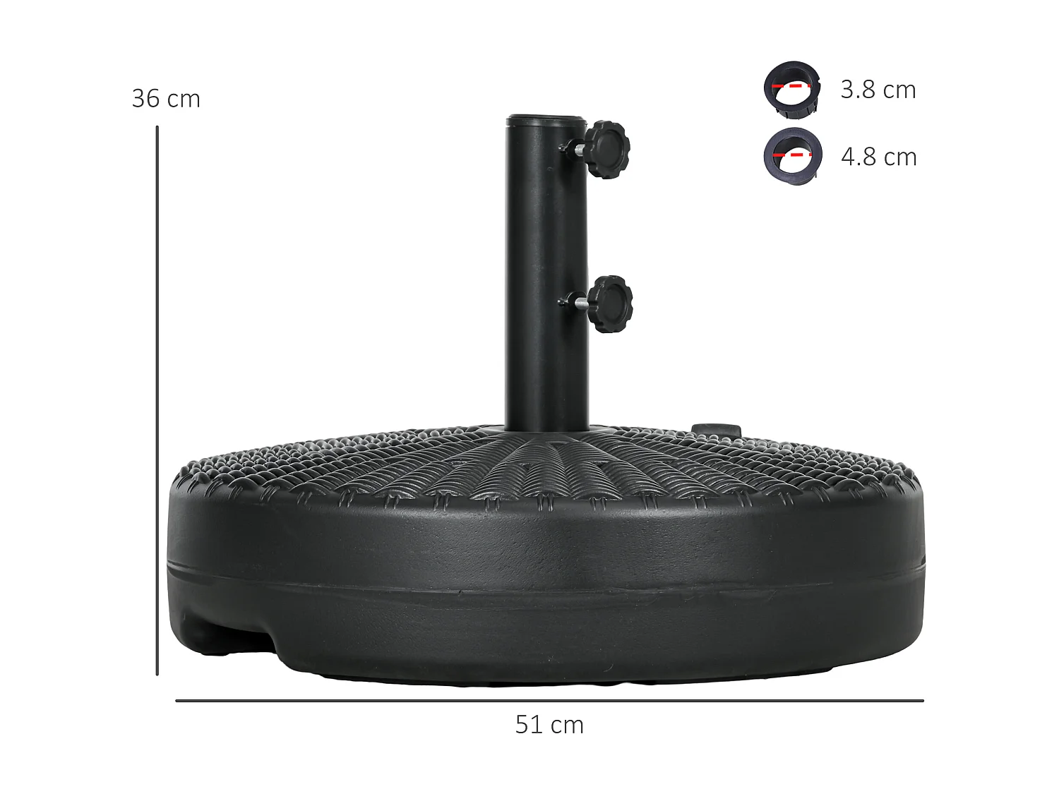 Rotan parasolvoet, steun voor paal Ø38/48mm, HDPE, zwart, draagvermogen tot 29kg (51x51x36 cm)