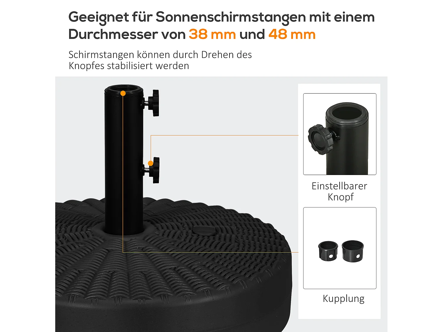 Rotan parasolvoet, steun voor paal Ø38/48mm, HDPE, zwart, draagvermogen tot 29kg (51x51x36 cm)