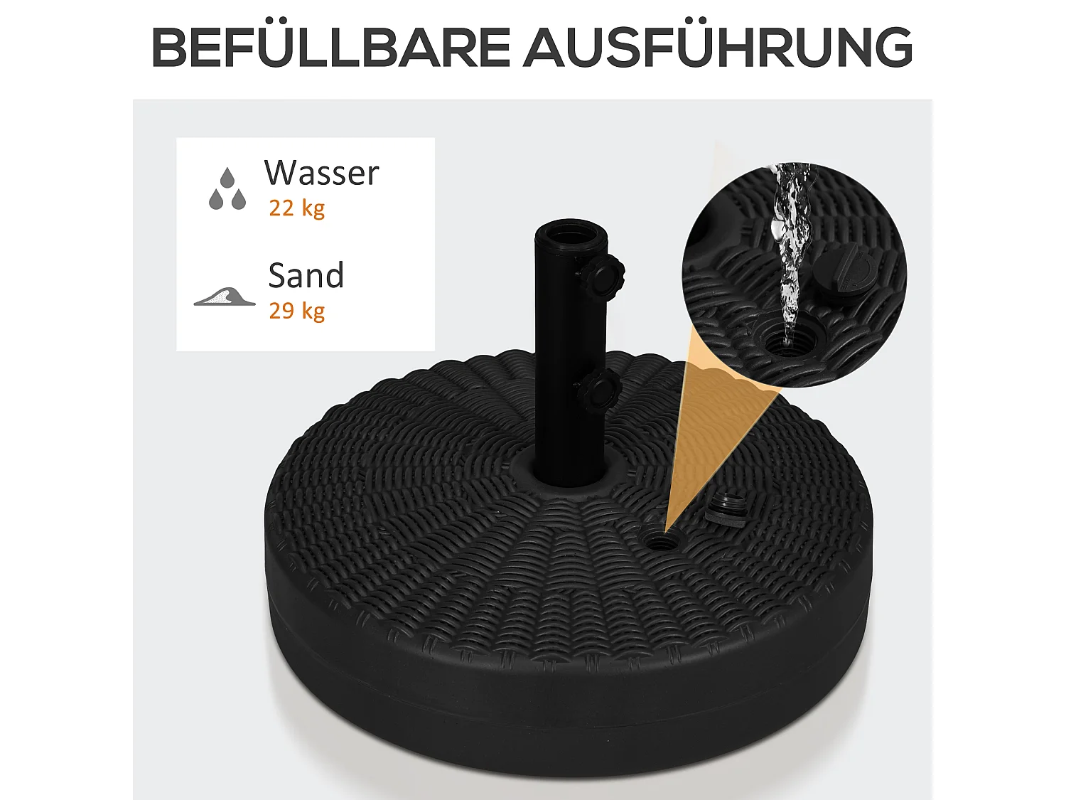 Rotan parasolvoet, steun voor paal Ø38/48mm, HDPE, zwart, draagvermogen tot 29kg (51x51x36 cm)