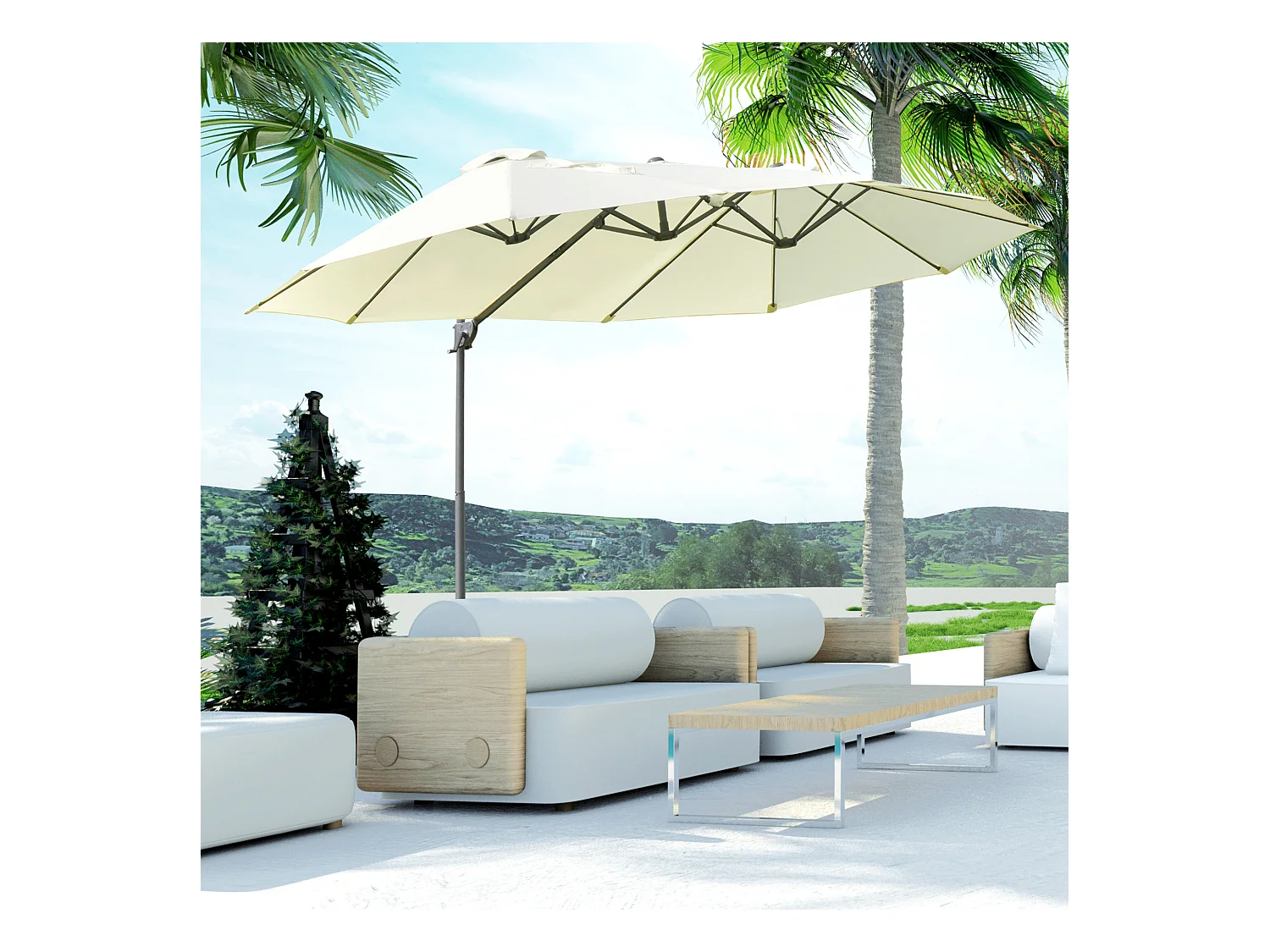 Dubbele parasol, metaal, crème (440x270x250 cm)