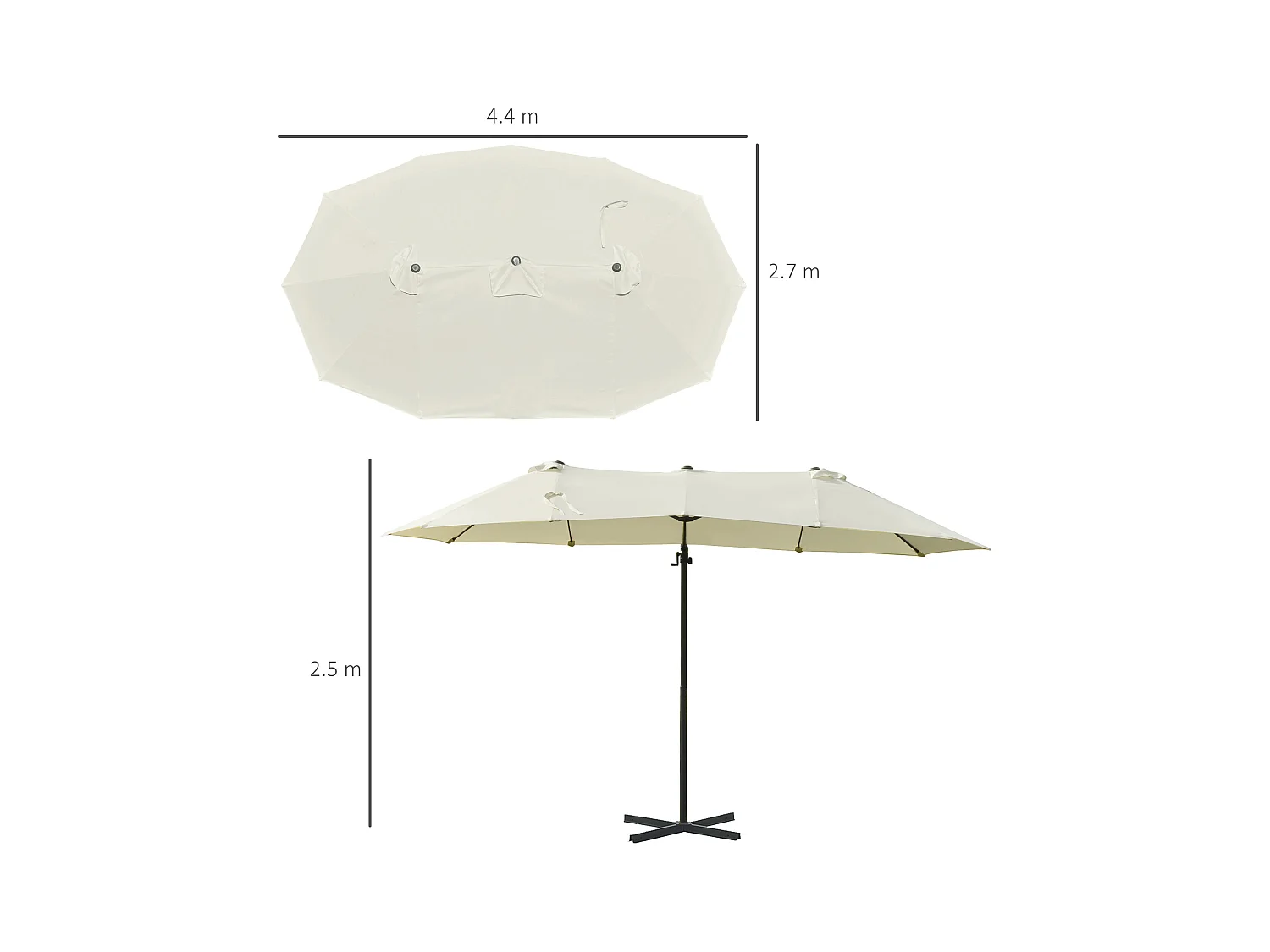 Dubbele parasol, metaal, crème (440x270x250 cm)