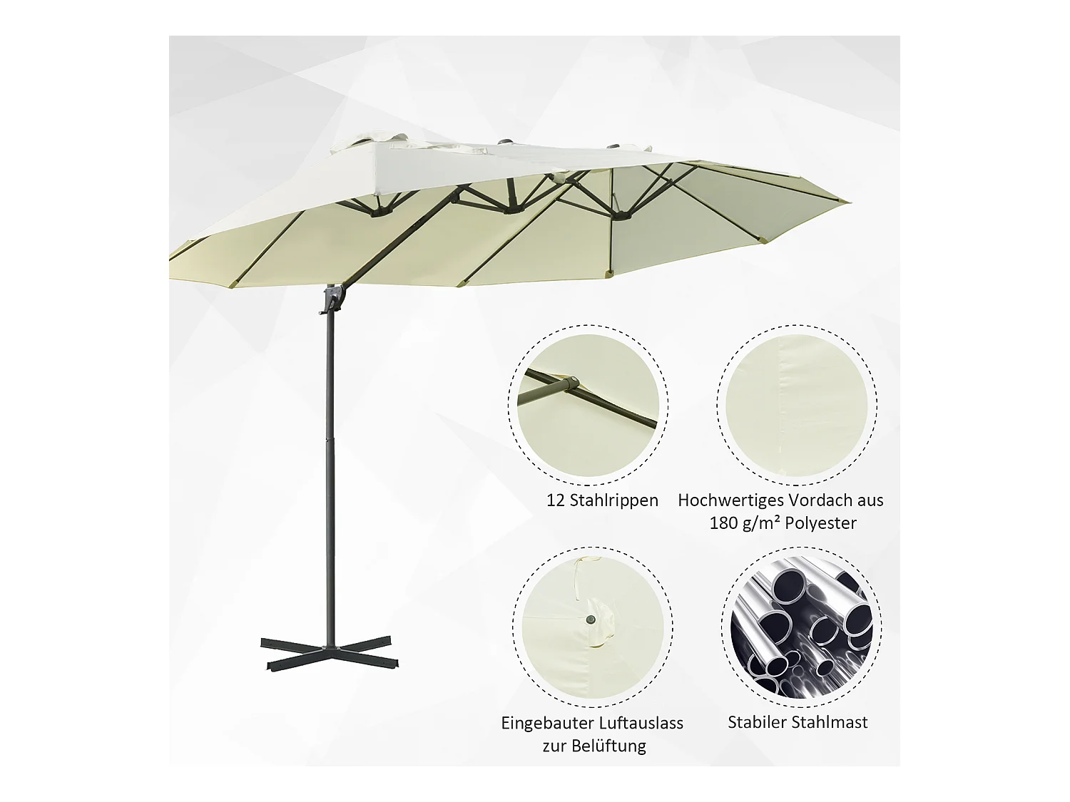 Dubbele parasol, metaal, crème (440x270x250 cm)