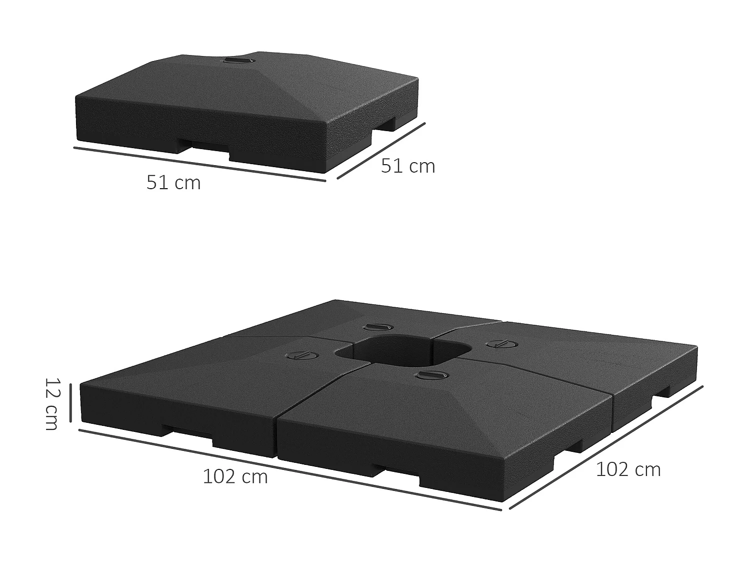Parasolgewicht 4-delig, vulbaar met zand of water, HDPE, zwart (51x51x12 cm)
