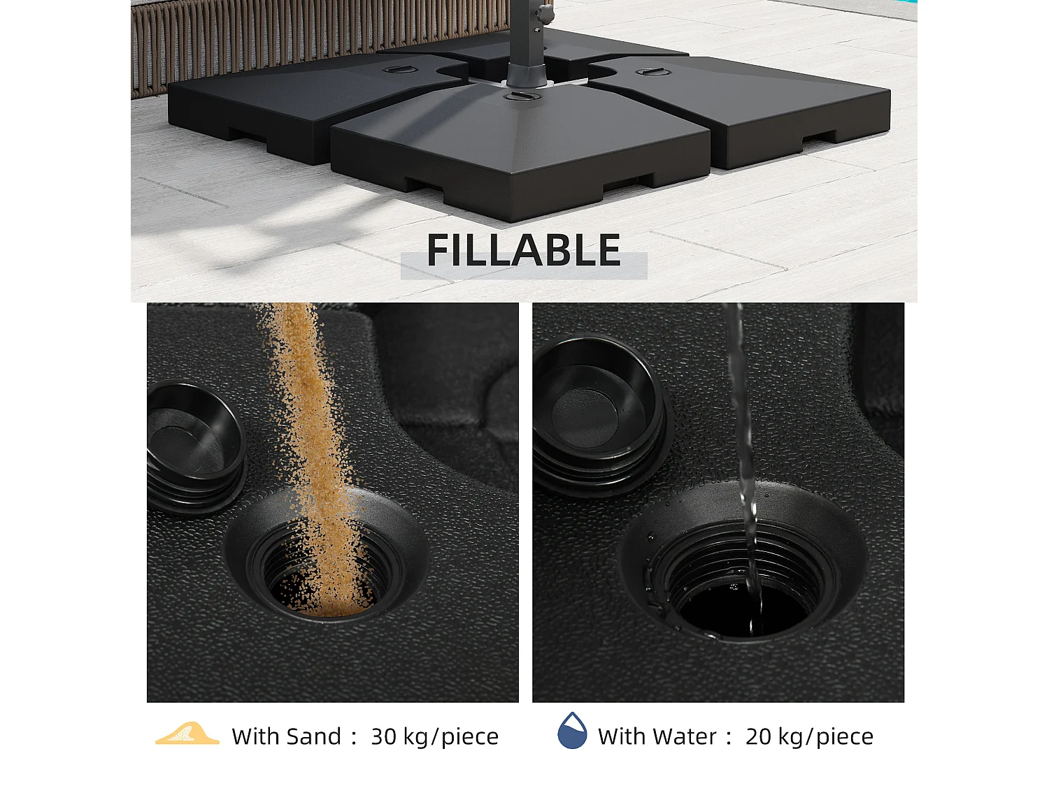 Parasolgewicht 4-delig, vulbaar met zand of water, HDPE, zwart (51x51x12 cm)