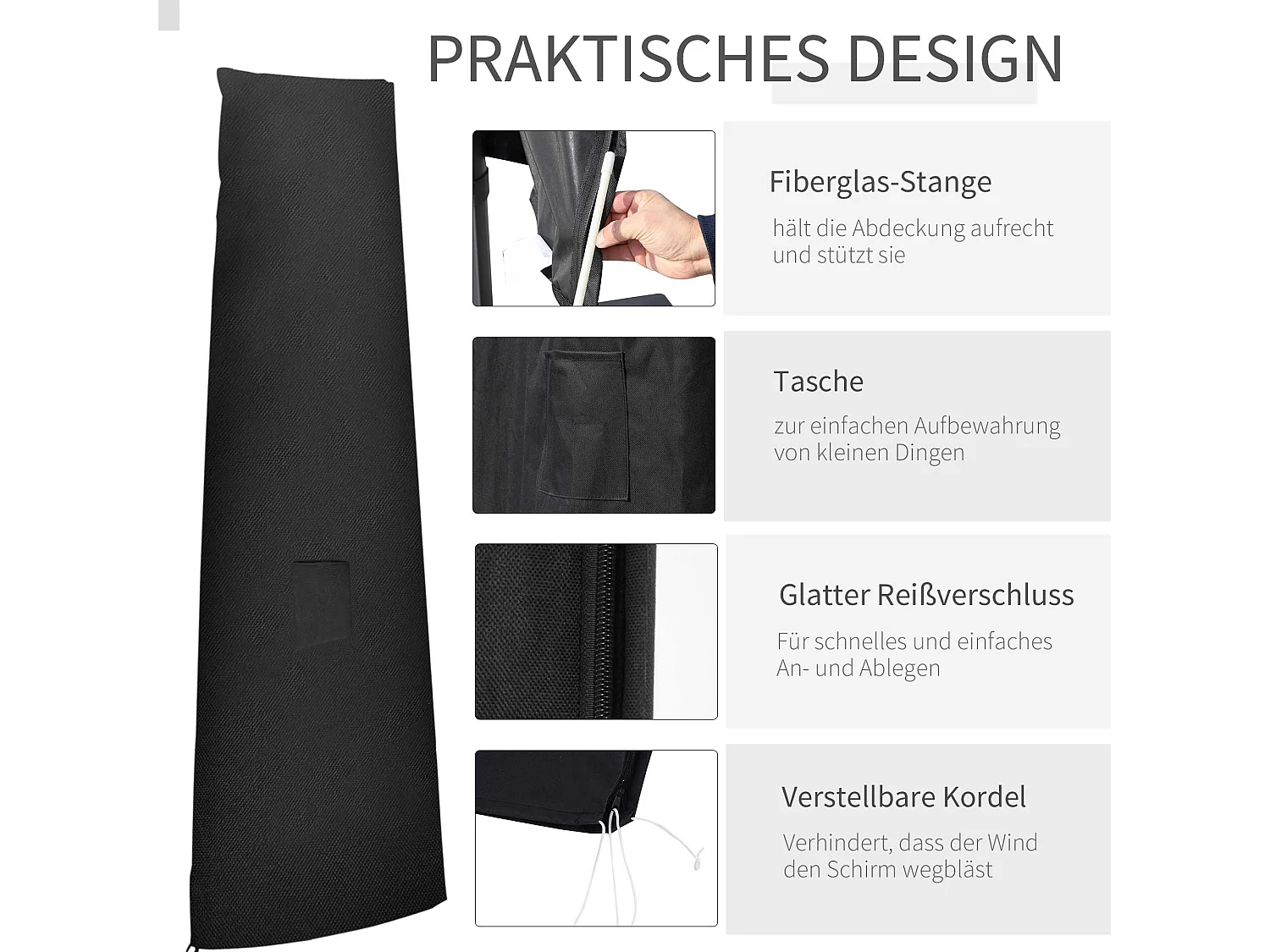 Stevige parasolhoes, waterdicht Oxford, zwart, met rits en tas (200x80x0,1 cm)