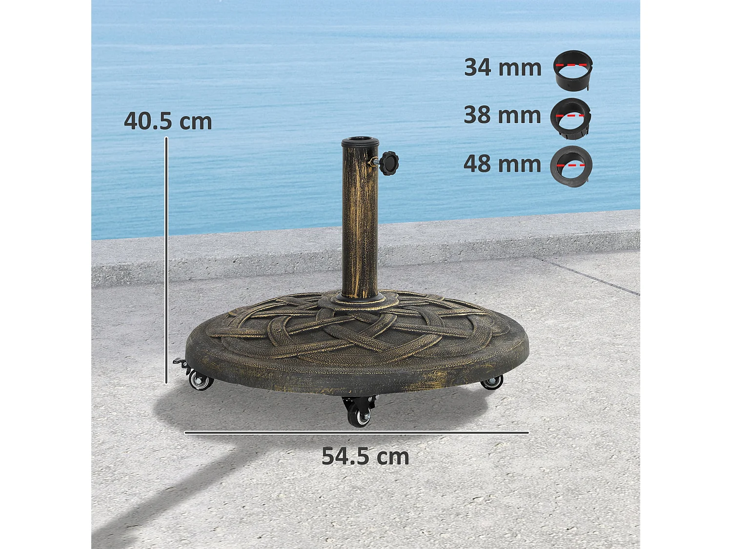 Ronde mobiele parasolvoet, beton en metaal, wielen met remmen, brons (54,5x54,5x40,5cm)