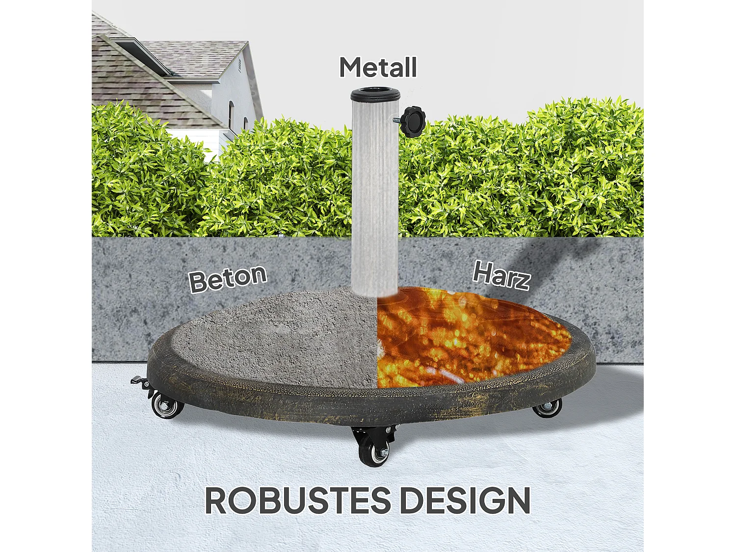 Ronde mobiele parasolvoet, beton en metaal, wielen met remmen, brons (54,5x54,5x40,5cm)