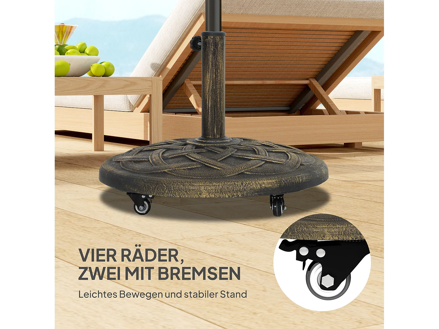 Ronde mobiele parasolvoet, beton en metaal, wielen met remmen, brons (54,5x54,5x40,5cm)