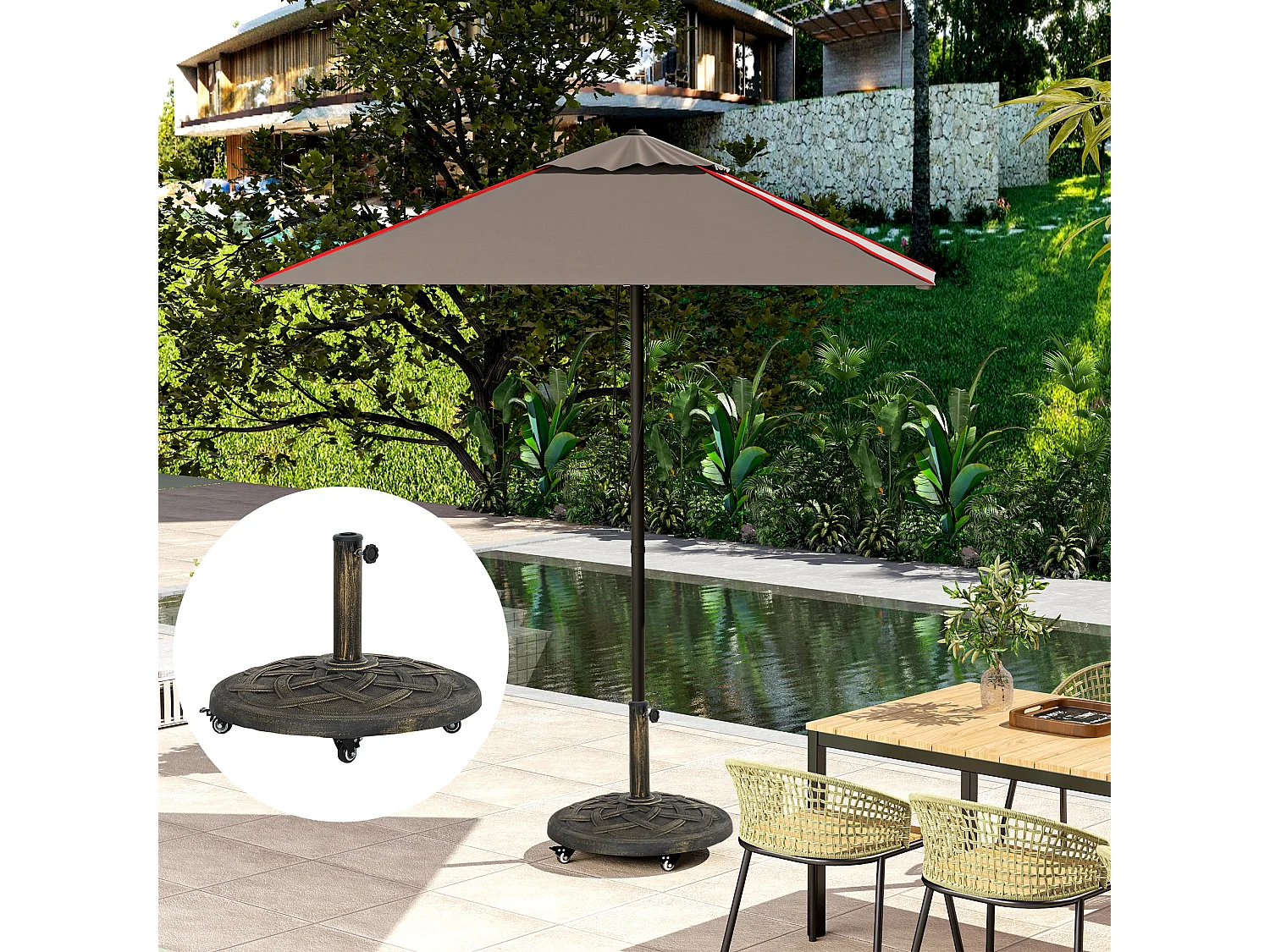 Ronde mobiele parasolvoet, beton en metaal, wielen met remmen, brons (54,5x54,5x40,5cm)