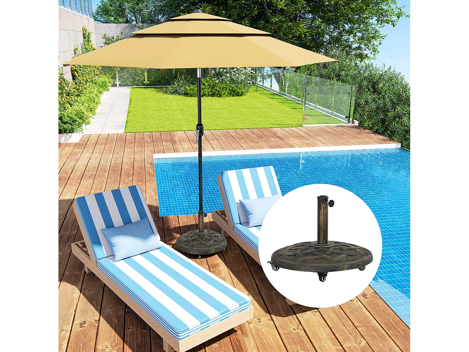 Ronde mobiele parasolvoet, beton en metaal, wielen met remmen, brons (54,5x54,5x40,5cm)