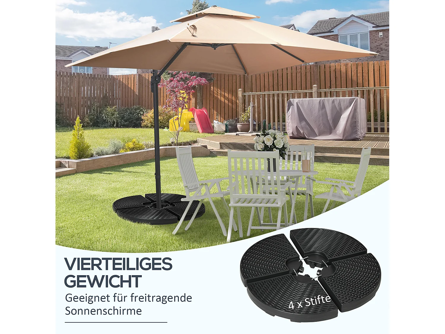 Gewicht voor kruisvoetparasol, 52 kg water of 68 kg zand, weerbestendig HDPE, zwart (100x100x8 cm)