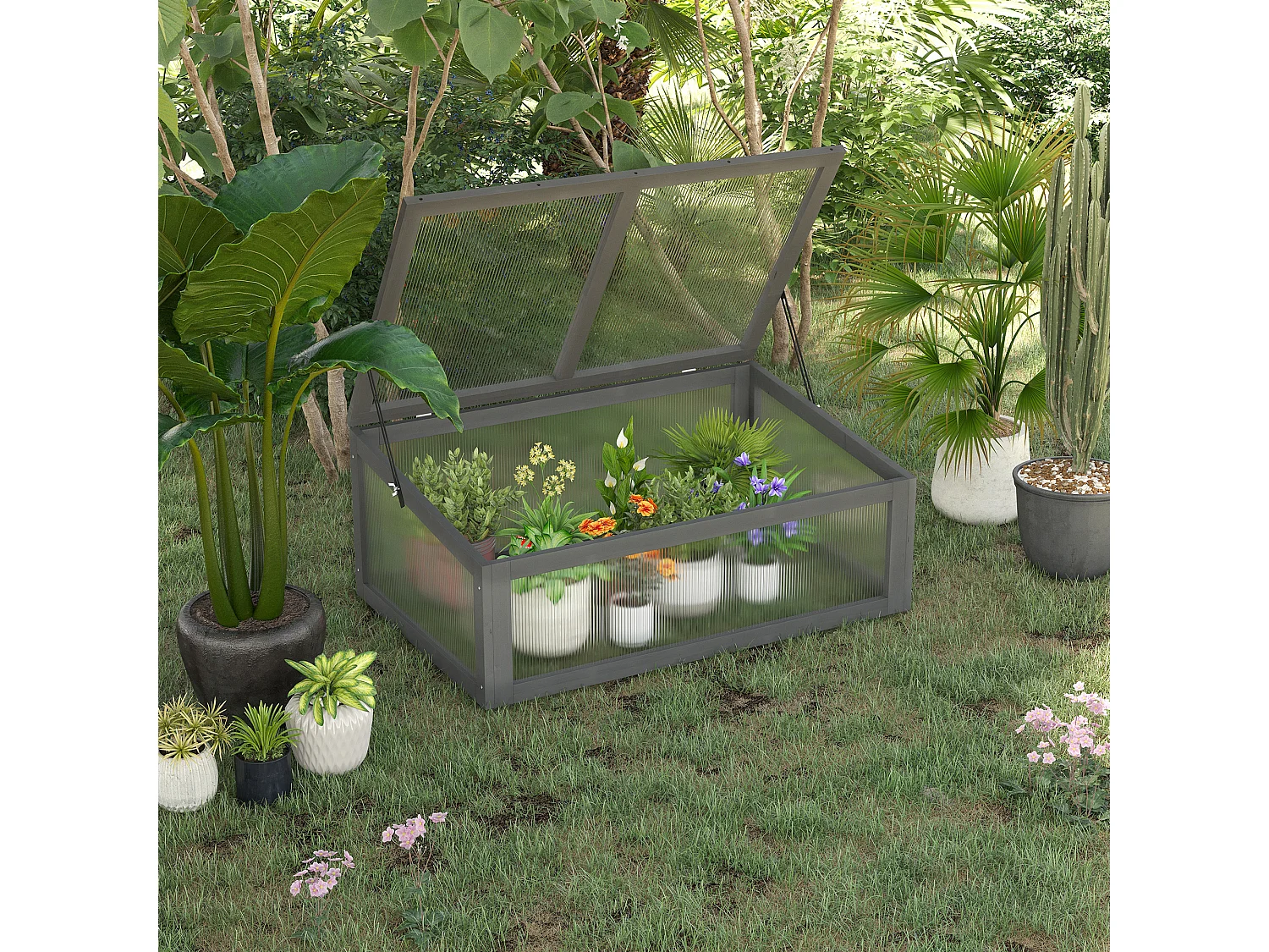 Mini houten plantenkas met UV-bescherming, schuin design, grijs (100x65x40 cm)