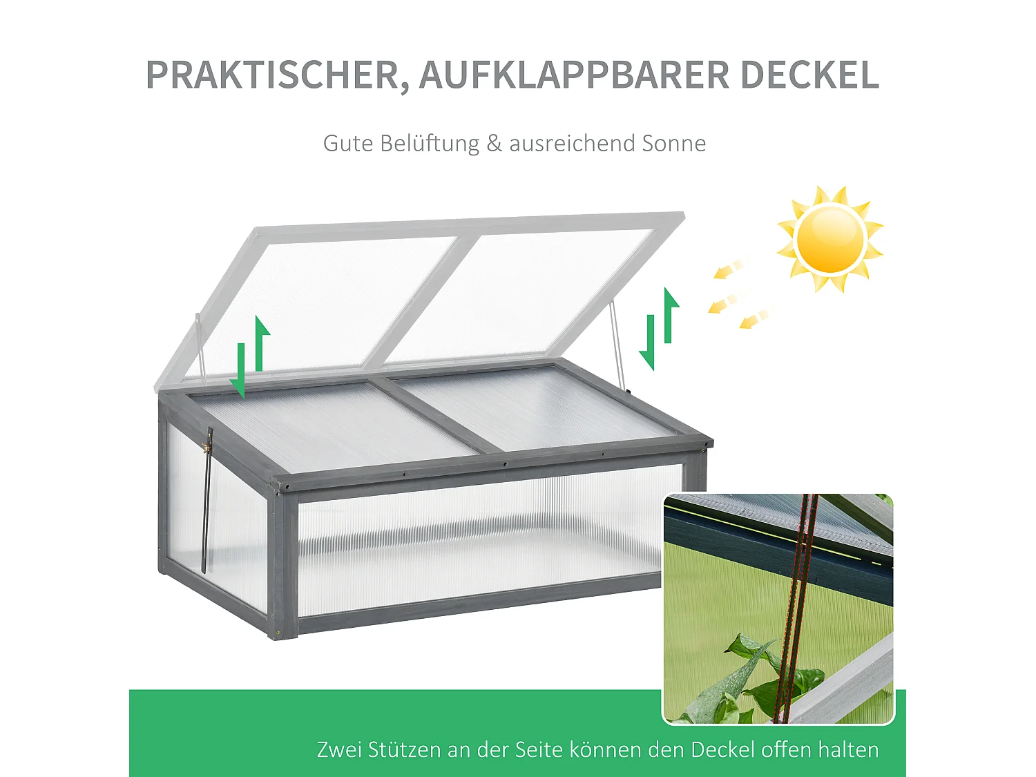 Mini houten plantenkas met UV-bescherming, schuin design, grijs (100x65x40 cm)