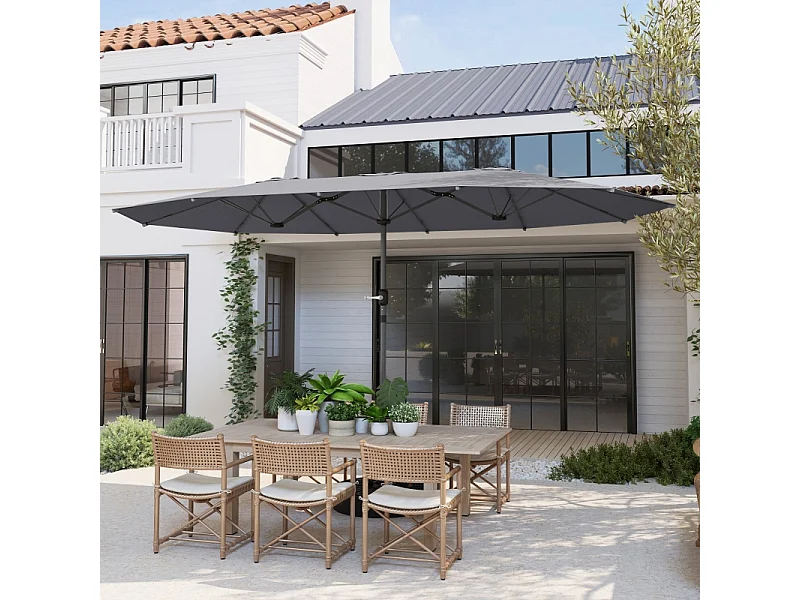 Dubbele parasol met slinger, UV-bescherming, stalen frame, donkergrijs (436x260x240 cm)