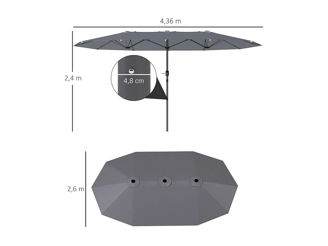Dubbele parasol met slinger, UV-bescherming, stalen frame, donkergrijs (436x260x240 cm)