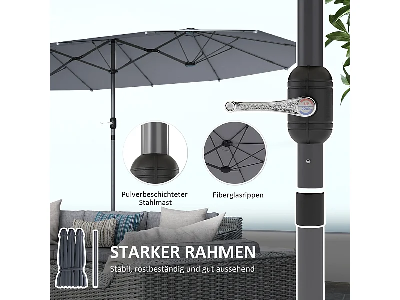 Dubbele parasol met slinger, UV-bescherming, stalen frame, donkergrijs (436x260x240 cm)