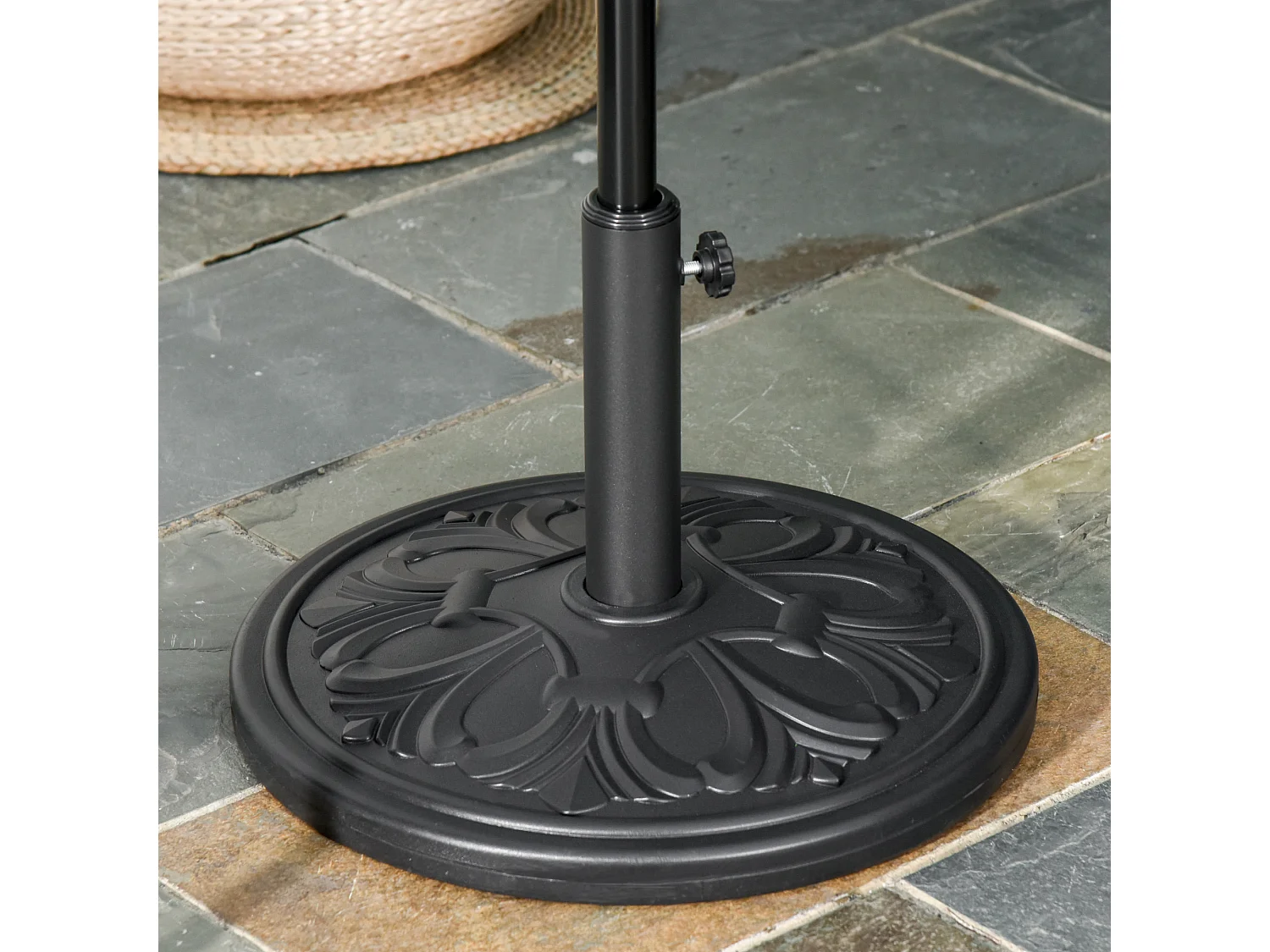 Parasolvoet van kunststof en beton, antiek zwart design, voor parasols Ø35/Ø38/Ø48 mm (48x48x34 cm)