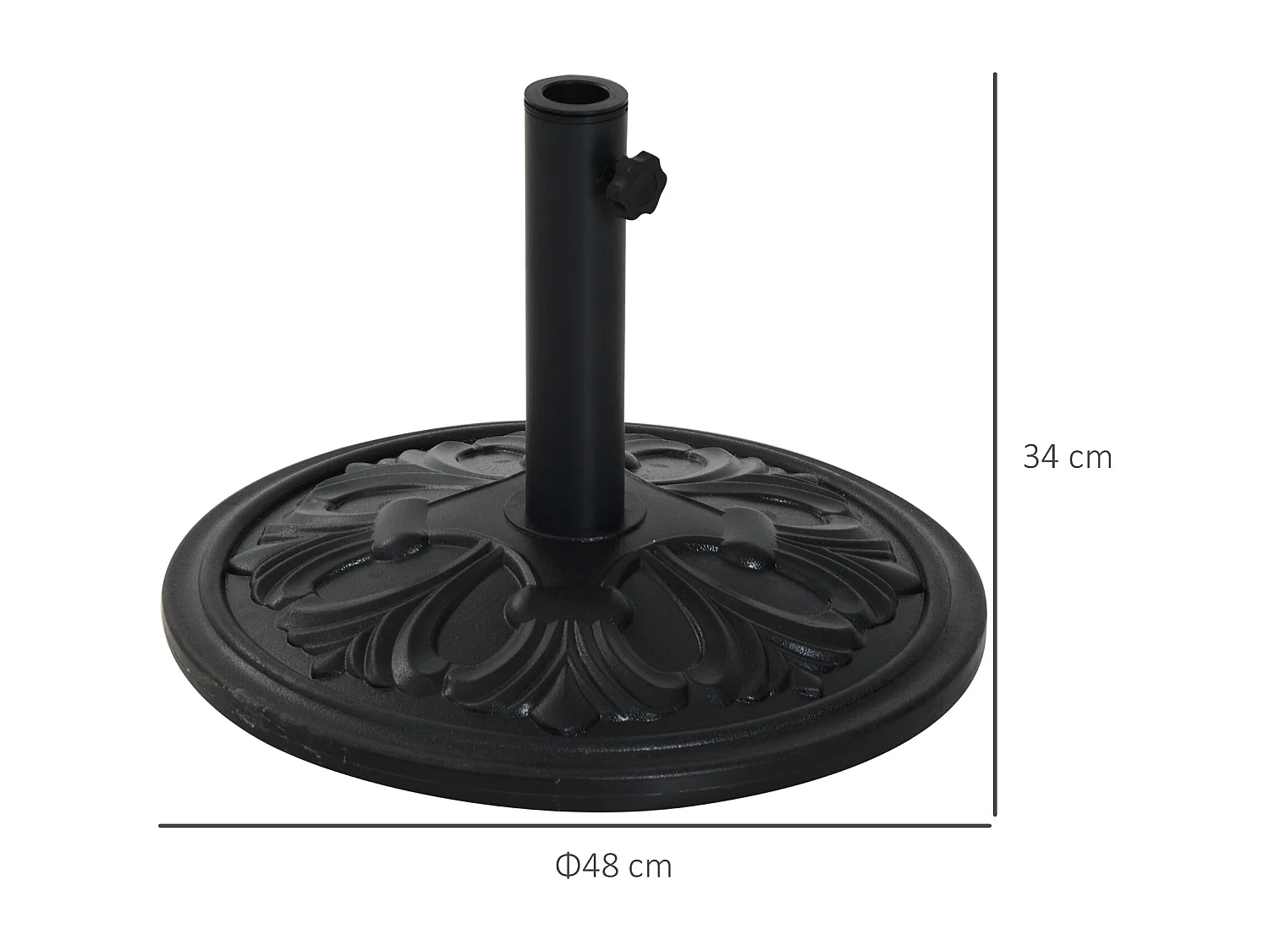 Parasolvoet van kunststof en beton, antiek zwart design, voor parasols Ø35/Ø38/Ø48 mm (48x48x34 cm)