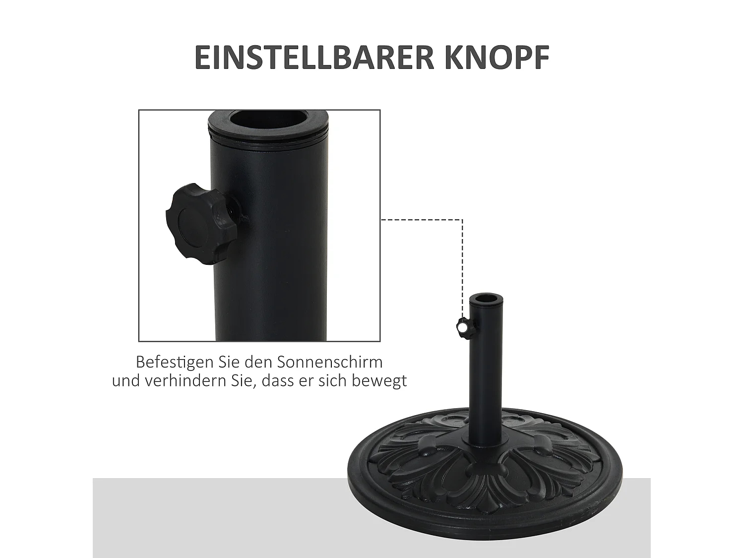 Parasolvoet van kunststof en beton, antiek zwart design, voor parasols Ø35/Ø38/Ø48 mm (48x48x34 cm)