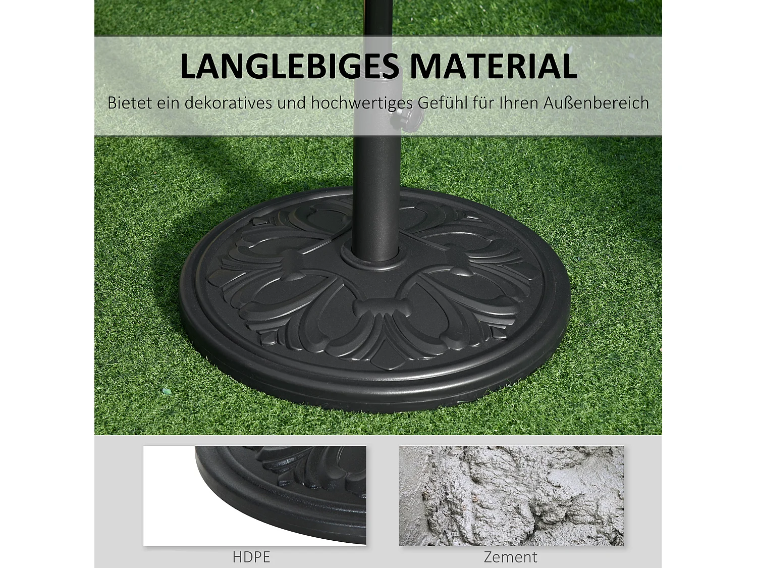 Parasolvoet van kunststof en beton, antiek zwart design, voor parasols Ø35/Ø38/Ø48 mm (48x48x34 cm)