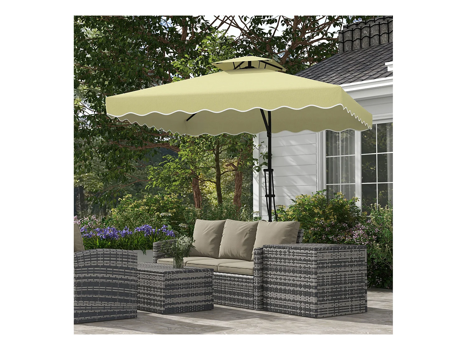 Zwevende parasol, 243 cm, met UV-bescherming, dubbel dak, polyester, crème, (243x243x251 cm)