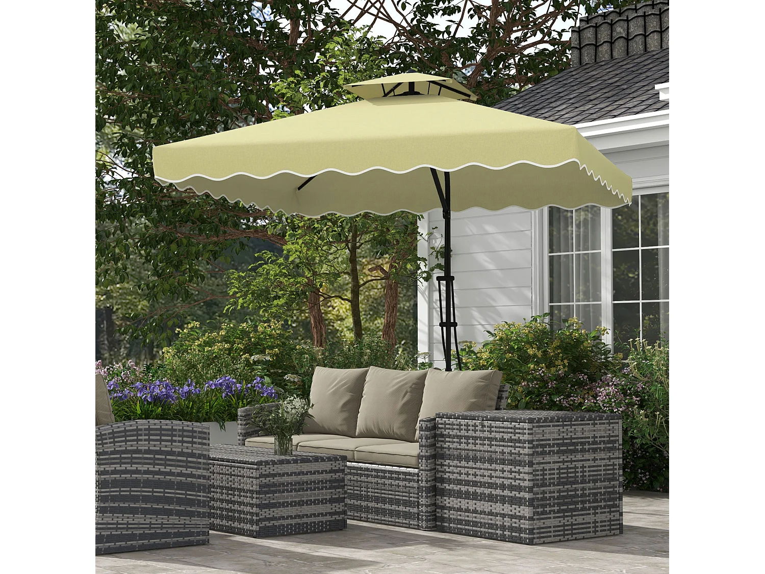Parasol voladizo, 243 cm, con protección UV, doble techo, poliéster, color crema, (243x243x251 cm)