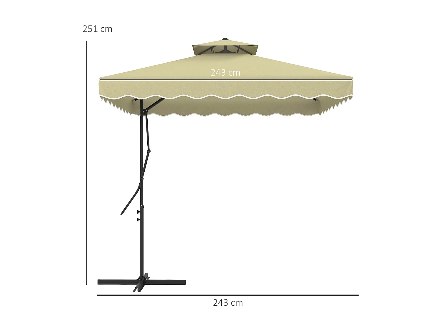 Parasol voladizo, 243 cm, con protección UV, doble techo, poliéster, color crema, (243x243x251 cm)