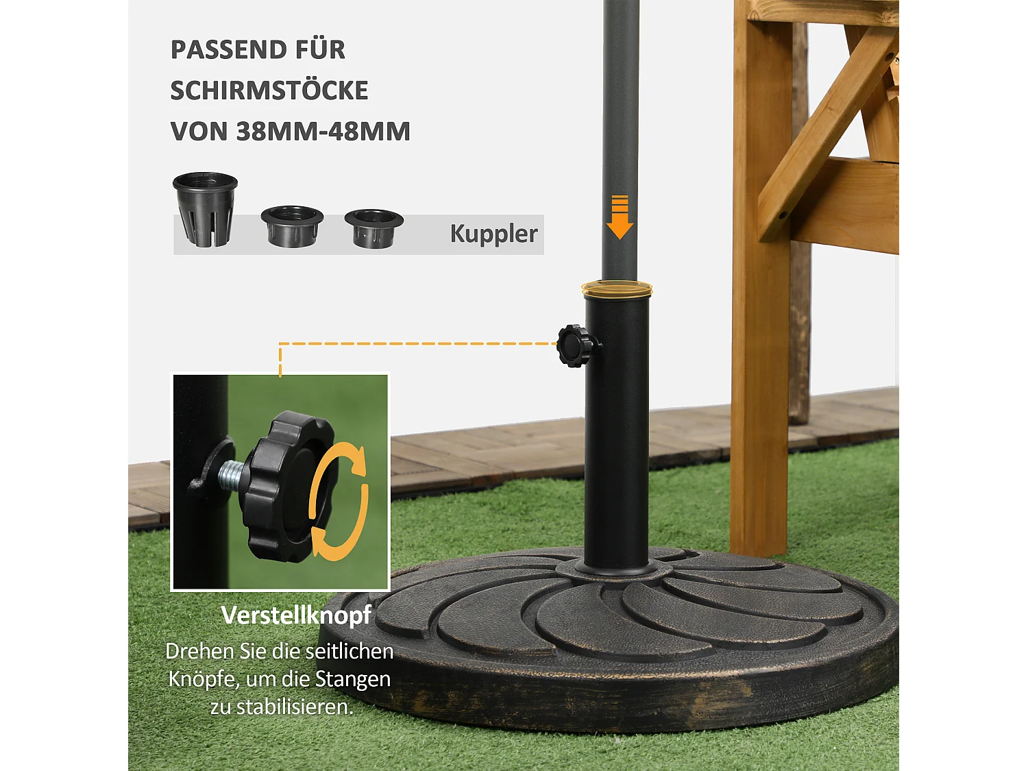 Hars parasolvoet, voor Ø38/48 mm stang, rond, brons (53,5x53,5x33 cm)