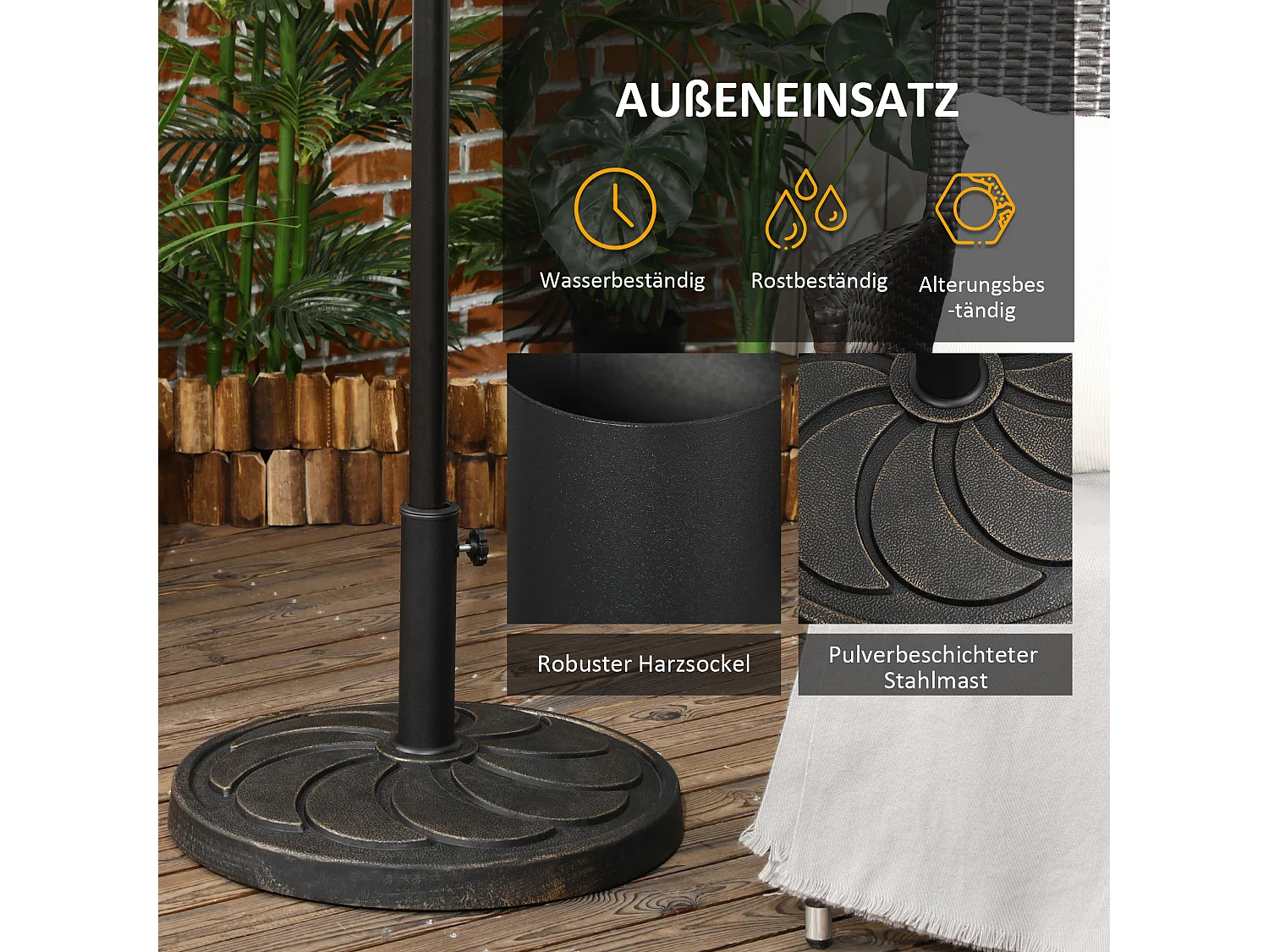 Hars parasolvoet, voor Ø38/48 mm stang, rond, brons (53,5x53,5x33 cm)