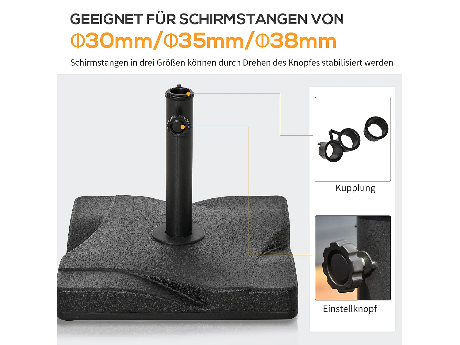 Stabiele, verstelbare HDPE cementen parasolvoet, zwart (41,5x41,5x33cm)