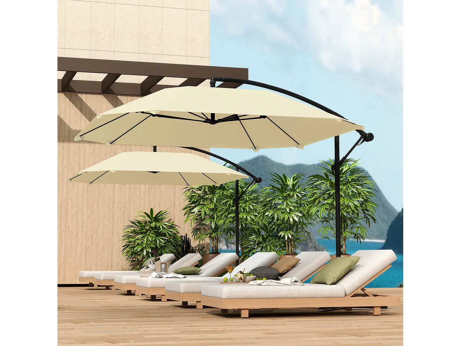 Sombrilla voladiza con manivela, lona de poliéster de 180 g/m², metal, beige (304 x 260 x 245 cm)