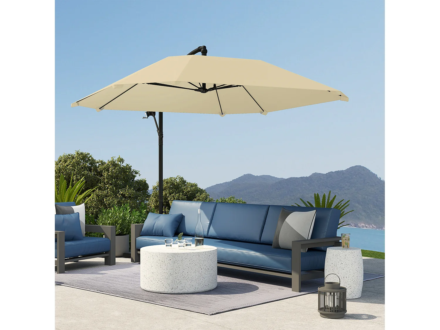 Sombrilla voladiza con manivela, lona de poliéster de 180 g/m², metal, beige (304 x 260 x 245 cm)