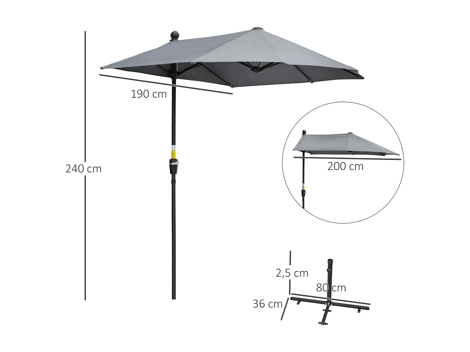 Halfronde parasol met standaard, polyester, donkergrijs (190x200x240 cm)