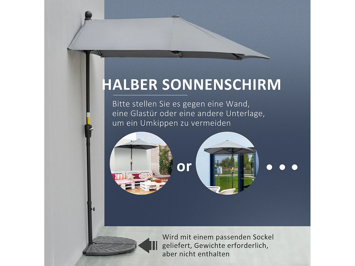 Halfronde parasol met standaard, polyester, donkergrijs (190x200x240 cm)