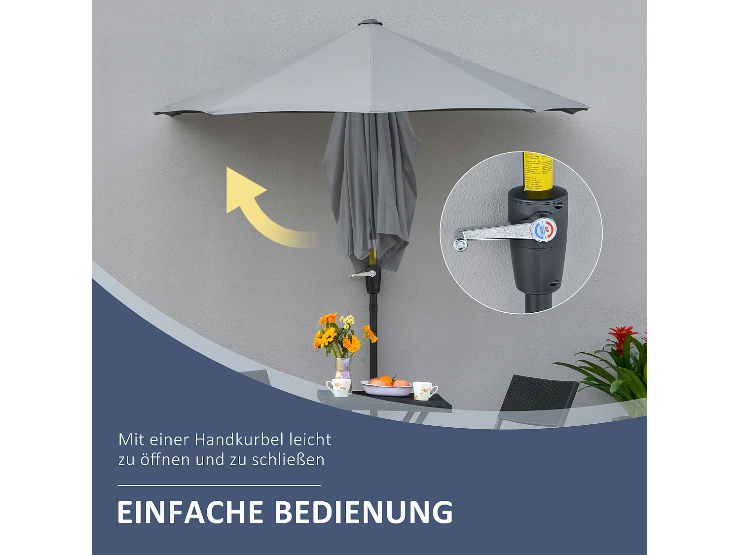 Halfronde parasol met standaard, polyester, donkergrijs (190x200x240 cm)