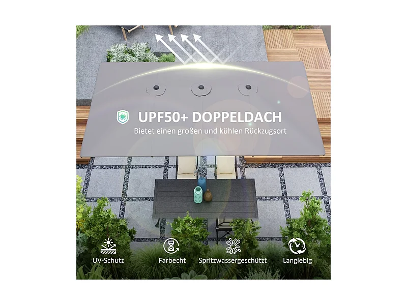 Dubbele parasol met slinger, UV-bescherming 50+, aluminium, donkergrijs (451x264x264 cm)