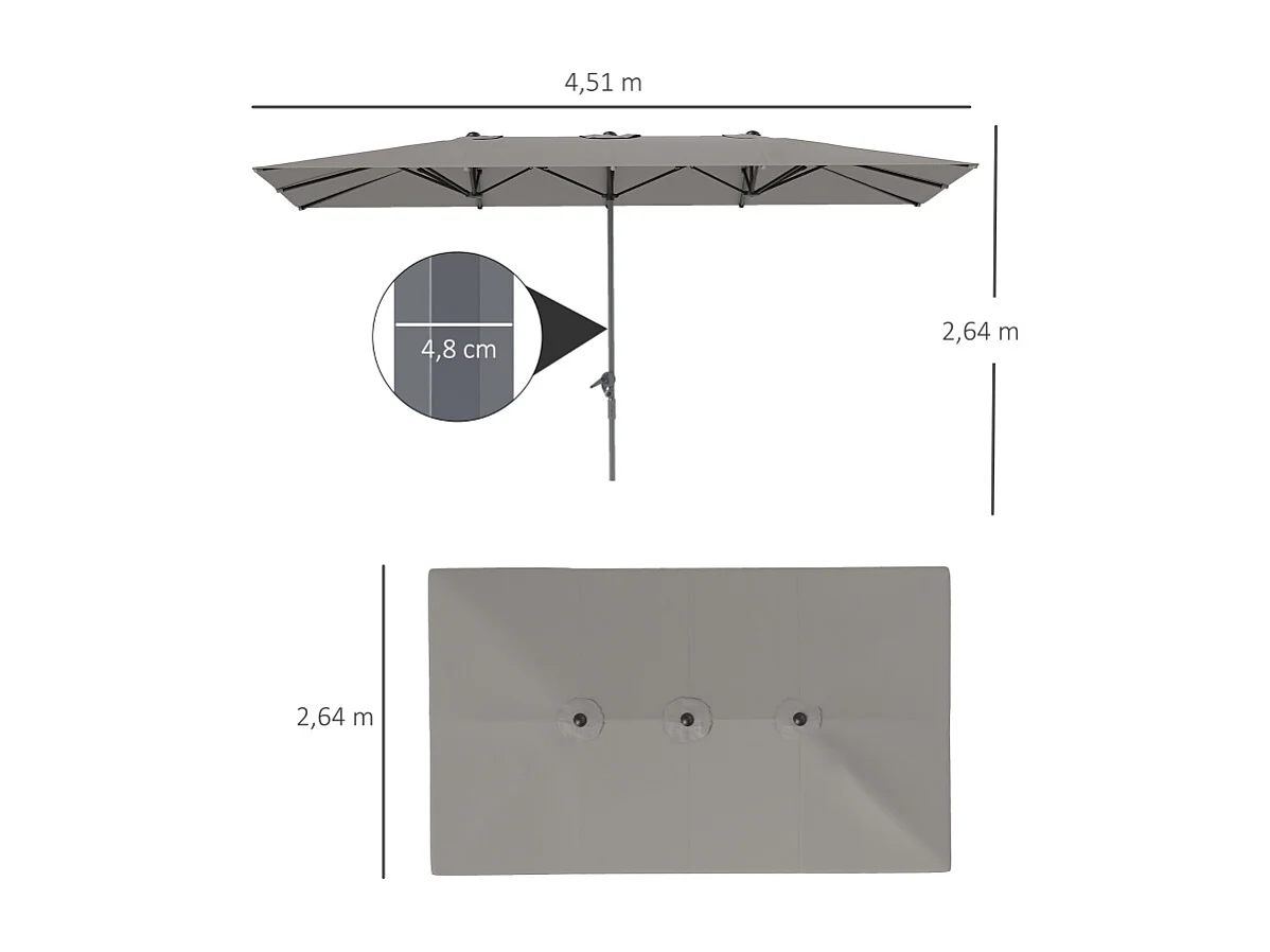 Parasol double avec manivelle, protection UV 50+, aluminium, gris foncé (451x264x264 cm)