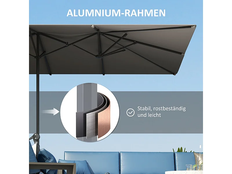 Parasol double avec manivelle, protection UV 50+, aluminium, gris foncé (451x264x264 cm)