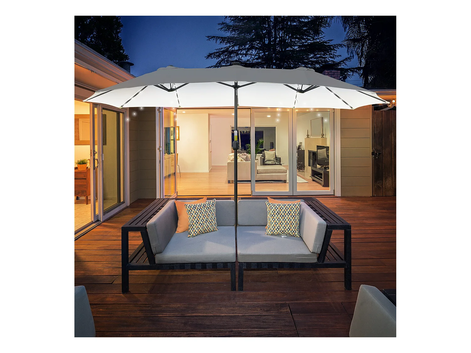 Dubbele parasol met solar LED, aluminium, zwart en crème (450x265x240 cm)