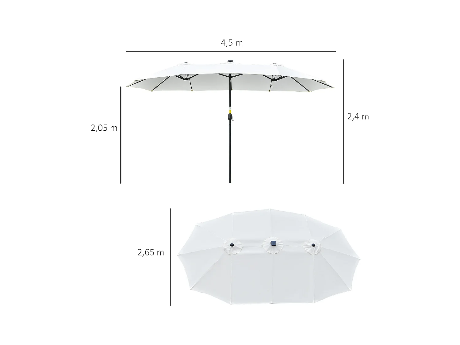 Dubbele parasol met solar LED, aluminium, zwart en crème (450x265x240 cm)