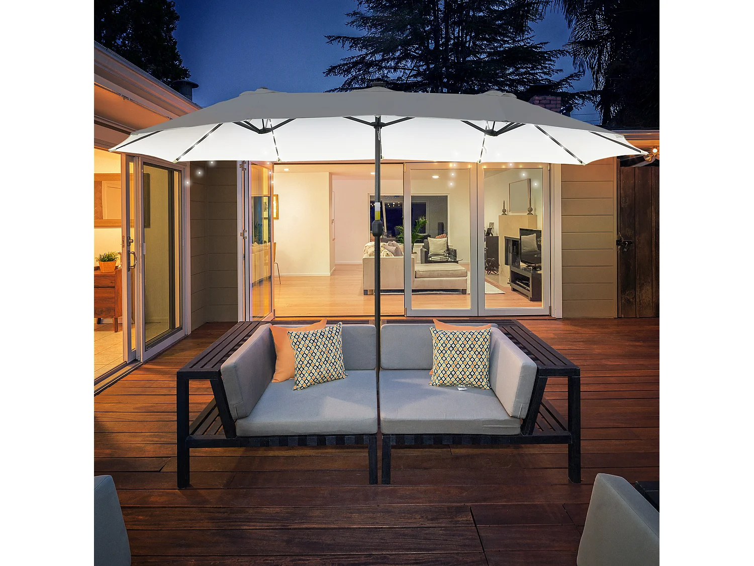Dubbele parasol met solar LED, aluminium, zwart en crème (450x265x240 cm)