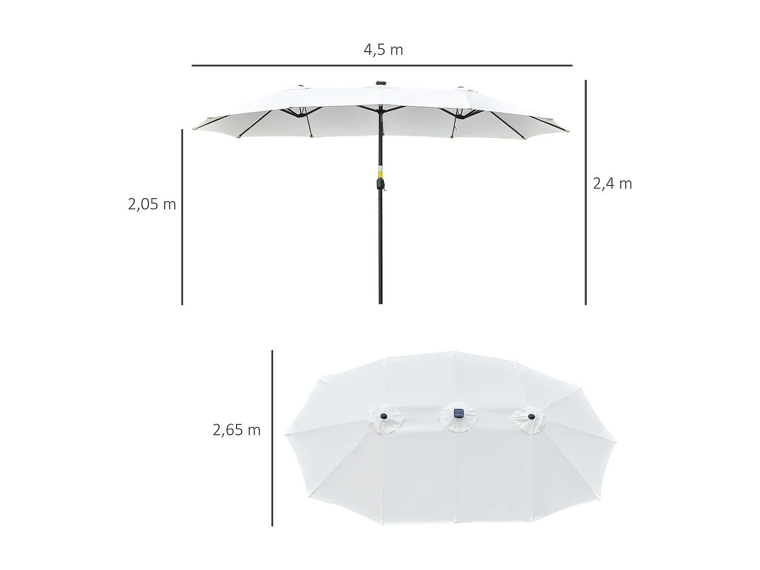 Dubbele parasol met solar LED, aluminium, zwart en crème (450x265x240 cm)
