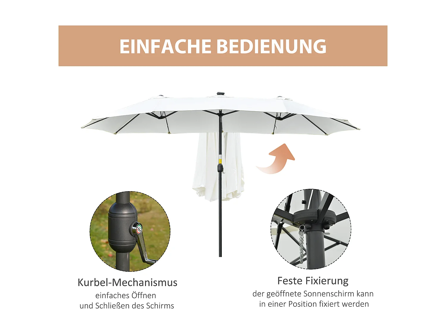 Dubbele parasol met solar LED, aluminium, zwart en crème (450x265x240 cm)