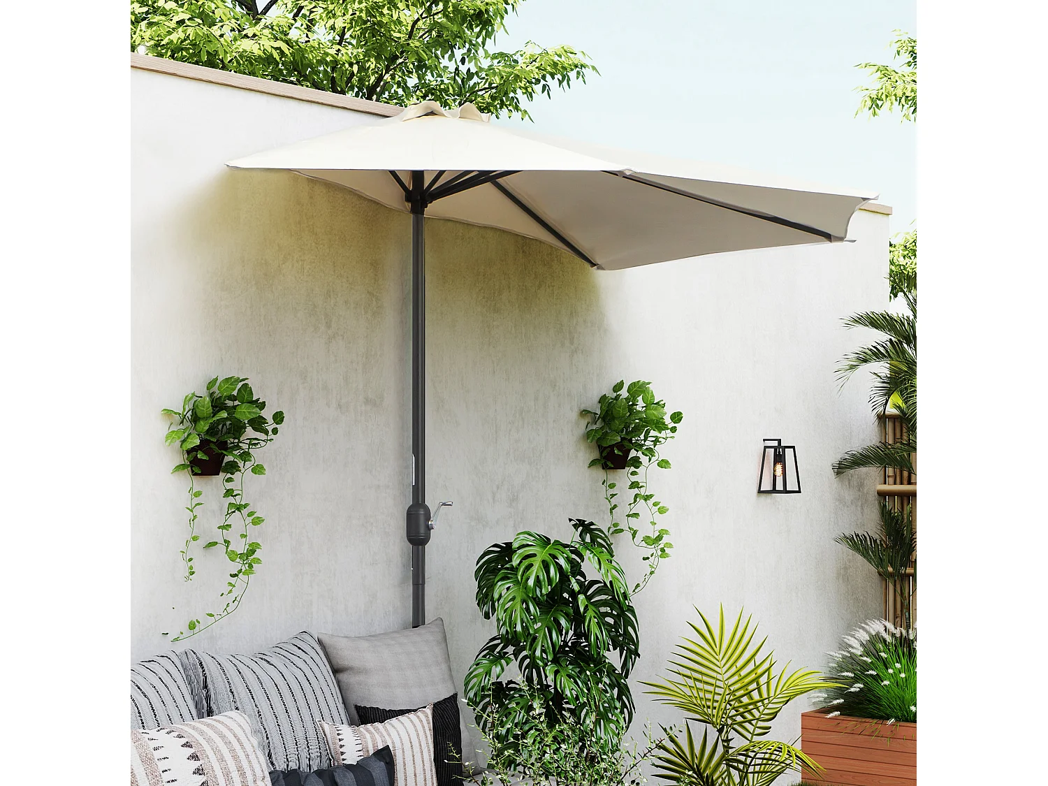 Halfronde parasol met slinger, metaal, crème en zwart, UV-bescherming (293x150x249cm)