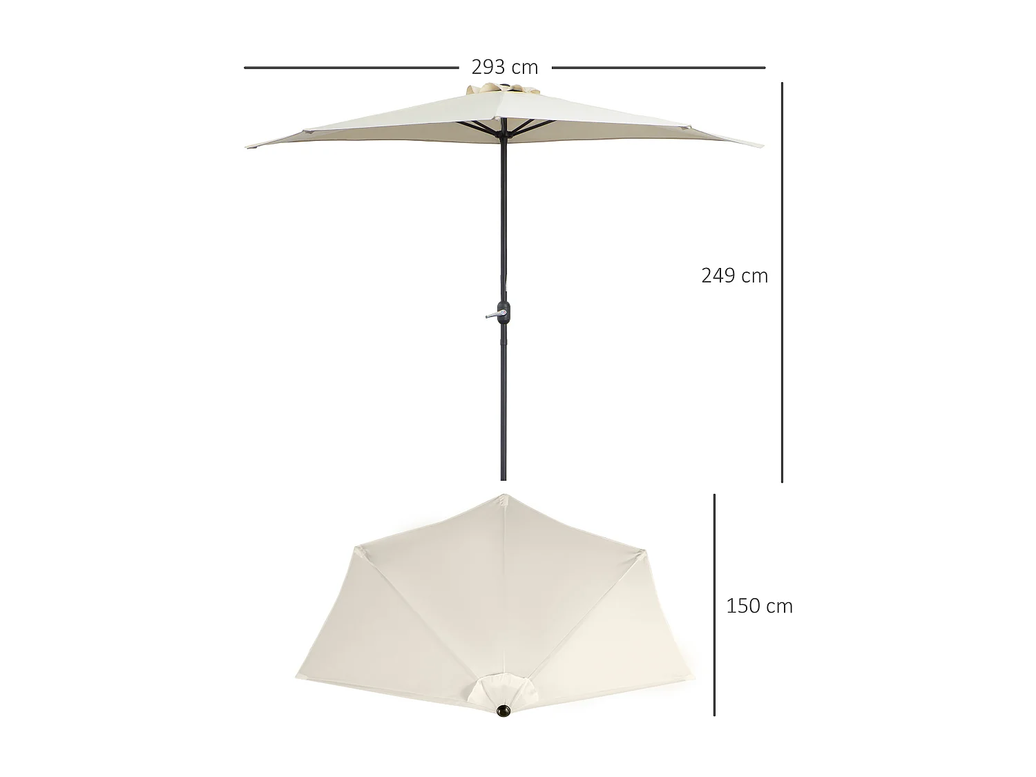 Halfronde parasol met slinger, metaal, crème en zwart, UV-bescherming (293x150x249cm)