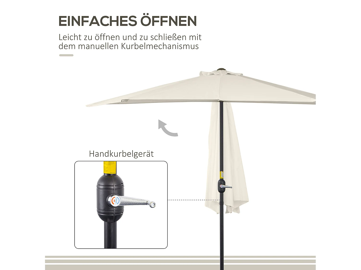 Halfronde parasol met slinger, metaal, crème en zwart, UV-bescherming (293x150x249cm)